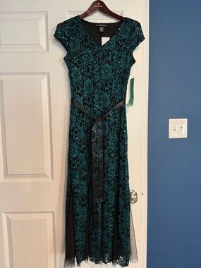 Emerald Green Lace Sequin Maxi Dress with Satin Waist Tie